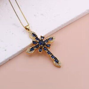 Blue & Gold Crystal Cross Pendant Necklace Christian Faith Jewelry Women Gift